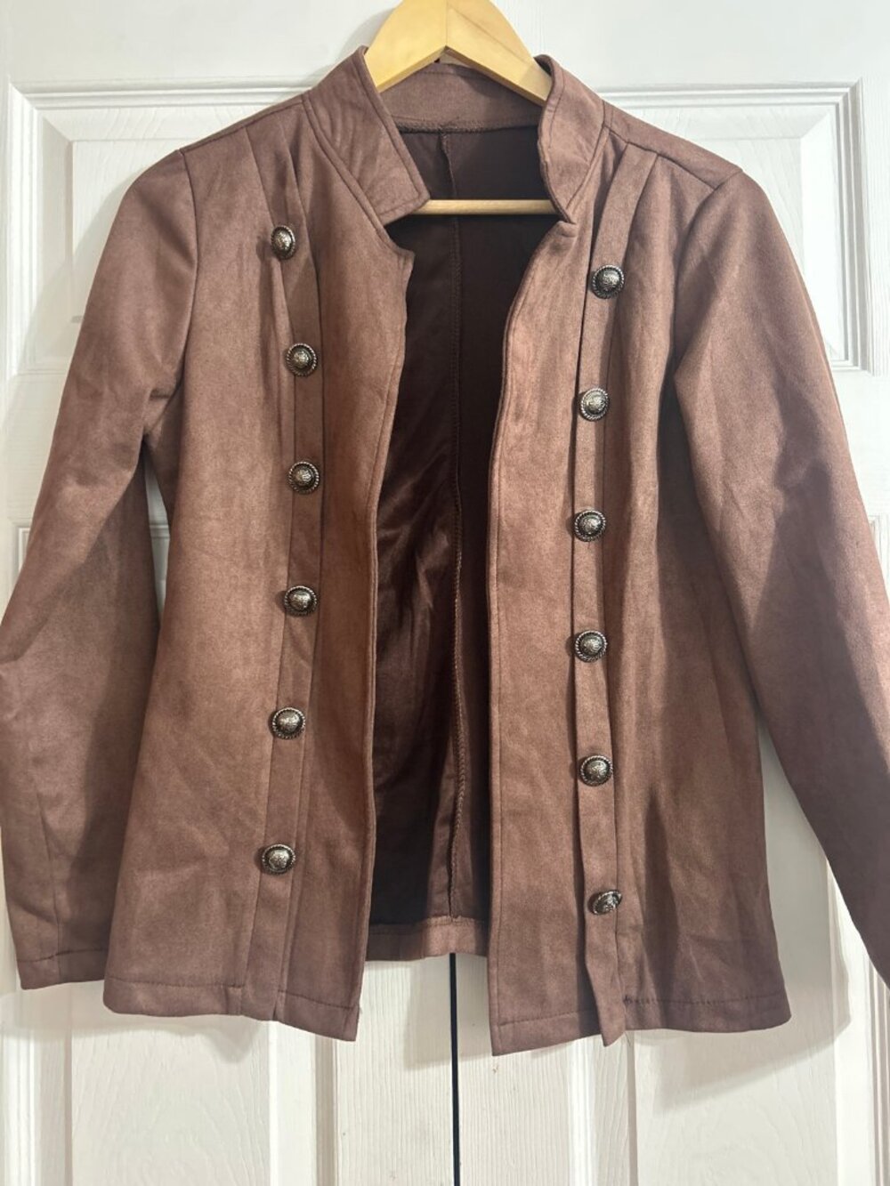 Vintage Style Womens Brown Faux Suede Military-Inspired Button Front Jacket Coat